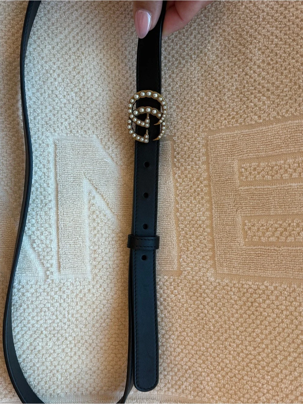 Gucci Black Leather Belt with Pearl-Studded Double G Gold Buckle
